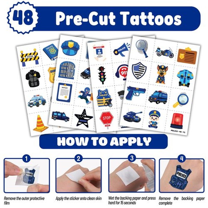 Cherisnowy 72PCS Police Party Set - 48PCS Temporary Tattoos & 24PCS Slap Bracelets - Fun Law Enforcement-Themed Birthday Supplies, Baby Shower Gifts, Classroom Rewards & Decor for Kids (Boys & Girls)