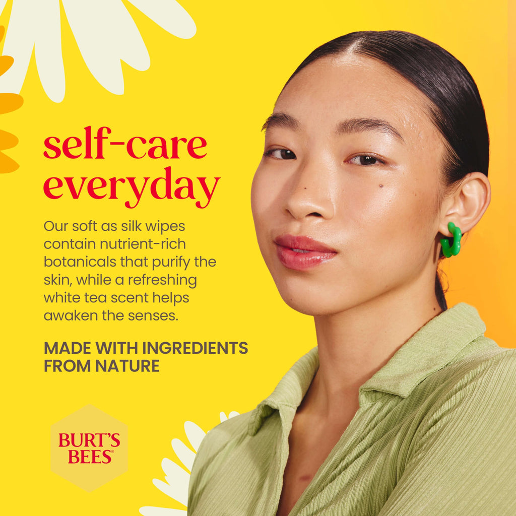 Burt’s Bees Purifying White Tea Facial Towelettes, 100% Plant Based Cloths; 99% Natural Origin; Removes Makeup and Cleanses; No Rinsing; All Skin Types (Pack May Vary)