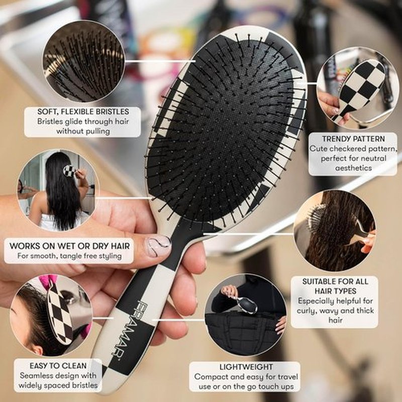 FRAMAR Checkered Print Hair Brush - Detangling Wet Hair Brush for Women | Black & White Design