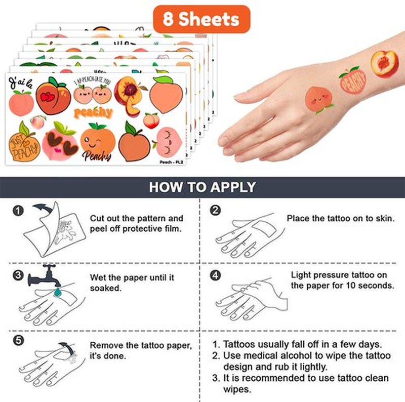 96PCS Fruit Peach Temporary Tattoos Stickers Themed First Birthday Party Decorations Favors Supplies Decor Cute Pink Cartoon Just Peachy Tattoo Sticker Gifts For Kids Boys Girls School Prizes Carnival