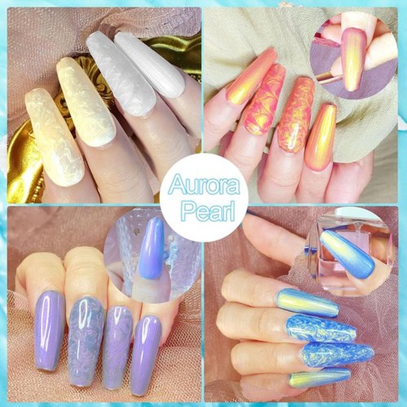 NAILGIL Pearl Gel Nail Polish Set, Mermaid Gel Polish White Pink Blue Green Yellow Aurora Shimmer Nail Drawing Soak Off Led Gel for Swirl Shell Thread Pearlescent Iridescent Effect, Set