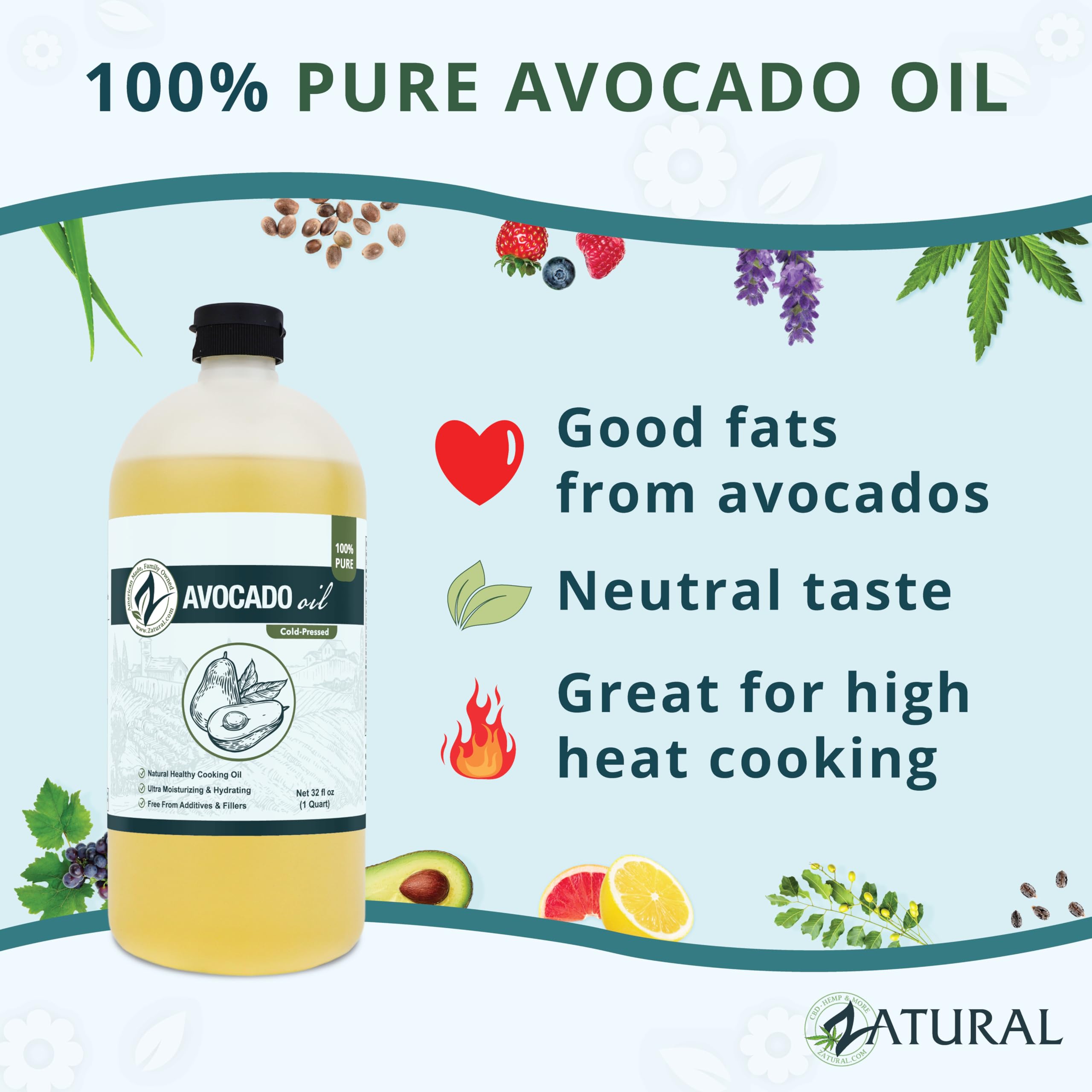 Zatural 100% Avocado Oil Pure Natural without Additives, Clean, Cold Pressed, Non-GMO, Vegan: For Cooking, Frying, Baking and for Sauces, Dressings, Marinades, Salads (32 Ounce)