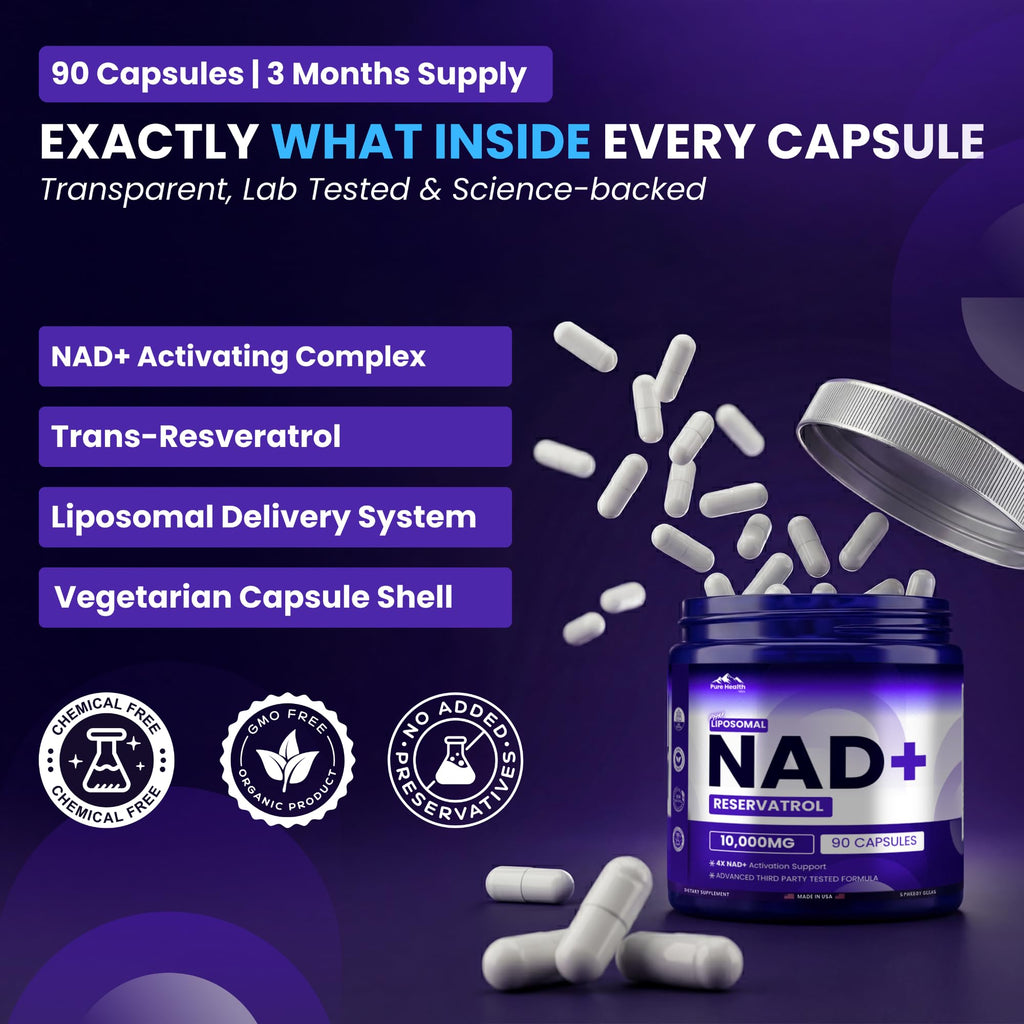 PURE HEALTH MAX PHM NAD Resveratrol Supplement - NAD+ Liposomal Supplements for Men and Women | NMN & NMNH Alternative | 90 Capsules, 1 Months Supply
