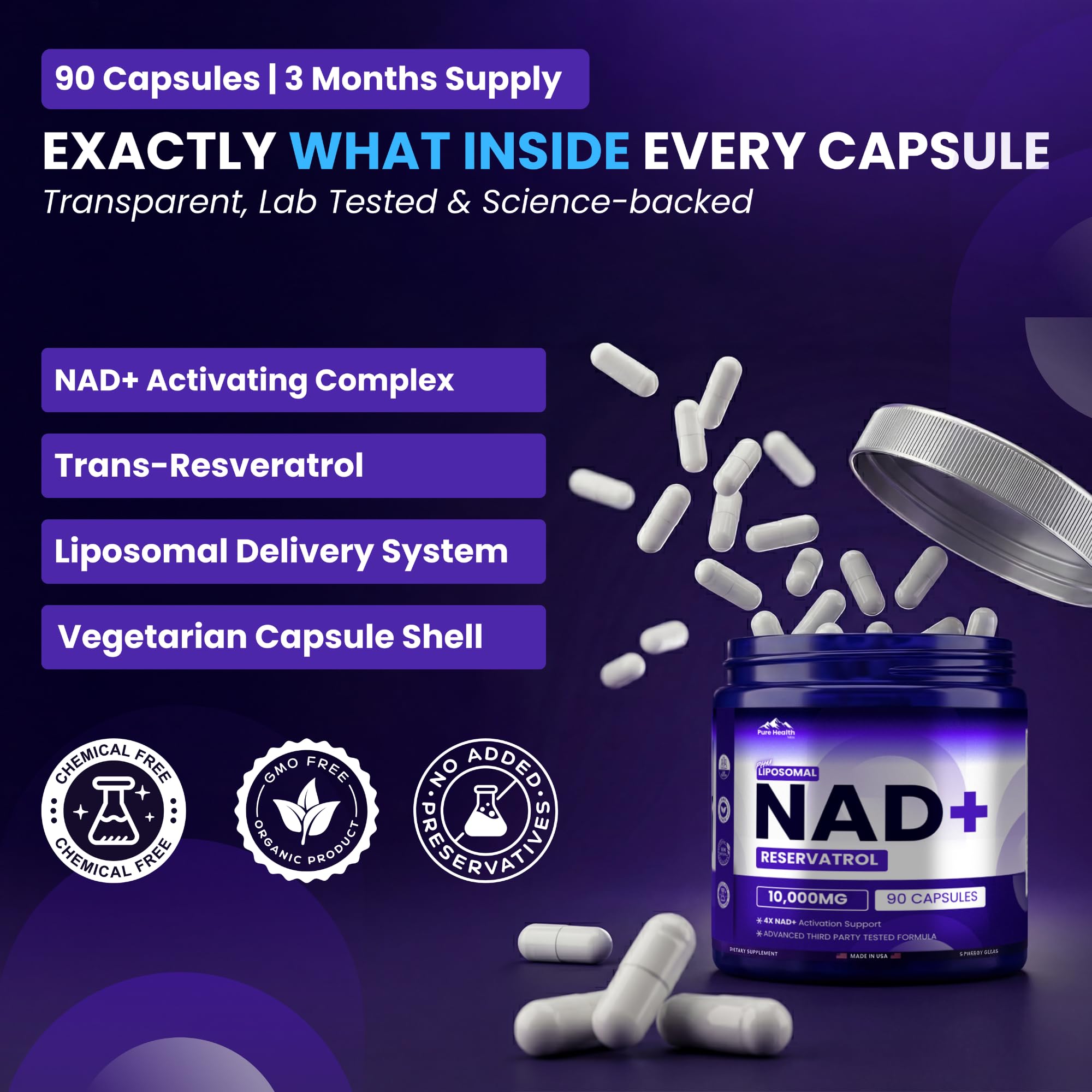 PURE HEALTH MAX PHM NAD Resveratrol Supplement - NAD+ Liposomal Supplements for Men and Women | NMN & NMNH Alternative | 90 Capsules, 1 Months Supply