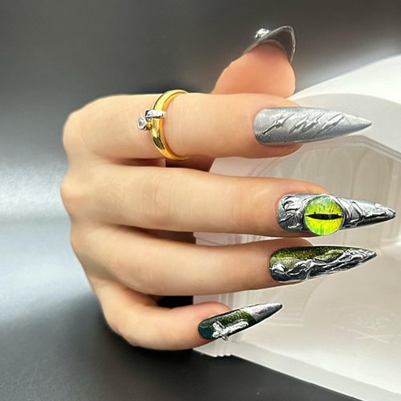 Press on Nails Handmade Luxury Acrylic Material Long Style Almond Reusable Halloween Goth Nail Kit with Nail Glue for Women and Girls 10pcs (Green Dragon Eyes-S, One Size)