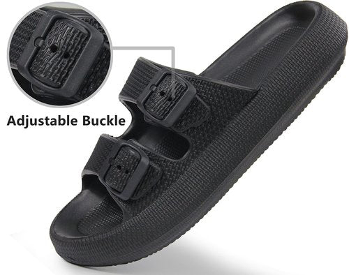 BenSorts Pillow Slippers for Women and Men Cute Rubber Sandal Adjustable Buckles Soft Slides Shower Spa Bath House Slippers Indoor Outdoor Black Men Size 8.5 9 9.5 Women Size 9.5 10 10.5