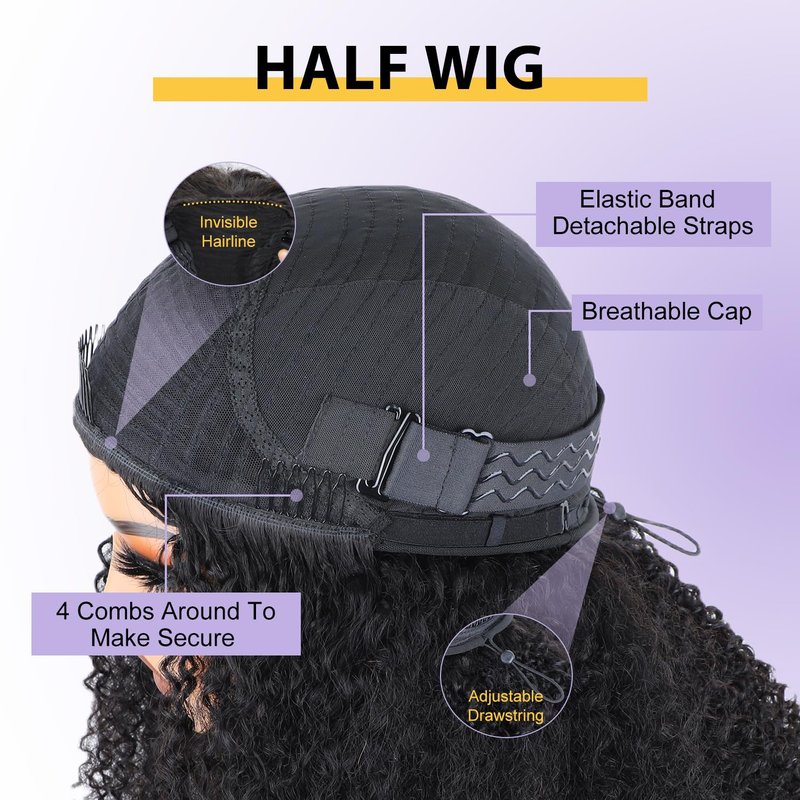 V SHOW Afro Curly Half Wig Human Hair 180% Density Wear Go Glueless Wigs Human Hair 18 Inch Curly 3 In 1 Half Wigs for Women Drawstring Seamless Flip Headband Wig Beginner Friendly