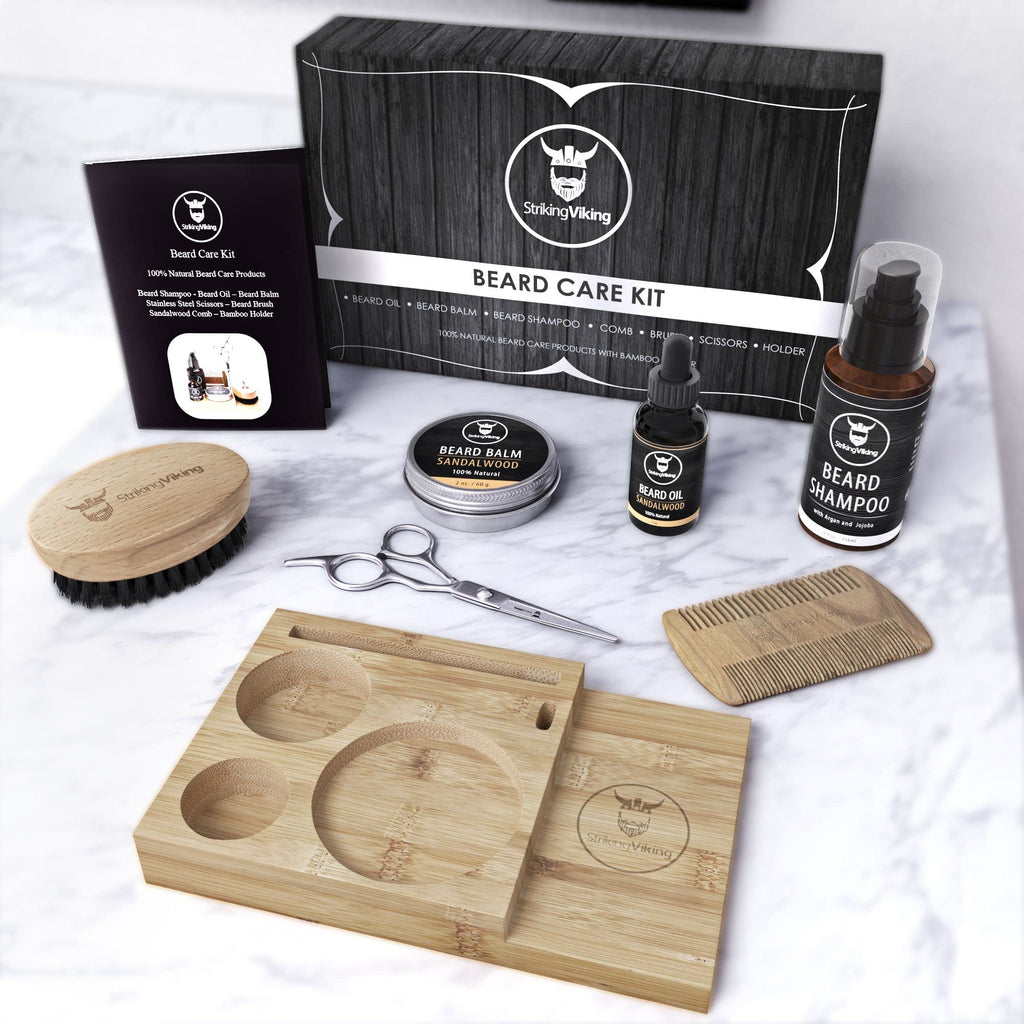 Striking Viking Beard Grooming Kit w Caddy - 7-Piece Set, Sandalwood - Softening Sandalwood Beard Oil & Balm - Brush with Mustache Comb & Scissors - Compact Caddy Organizer & Gifts for Men