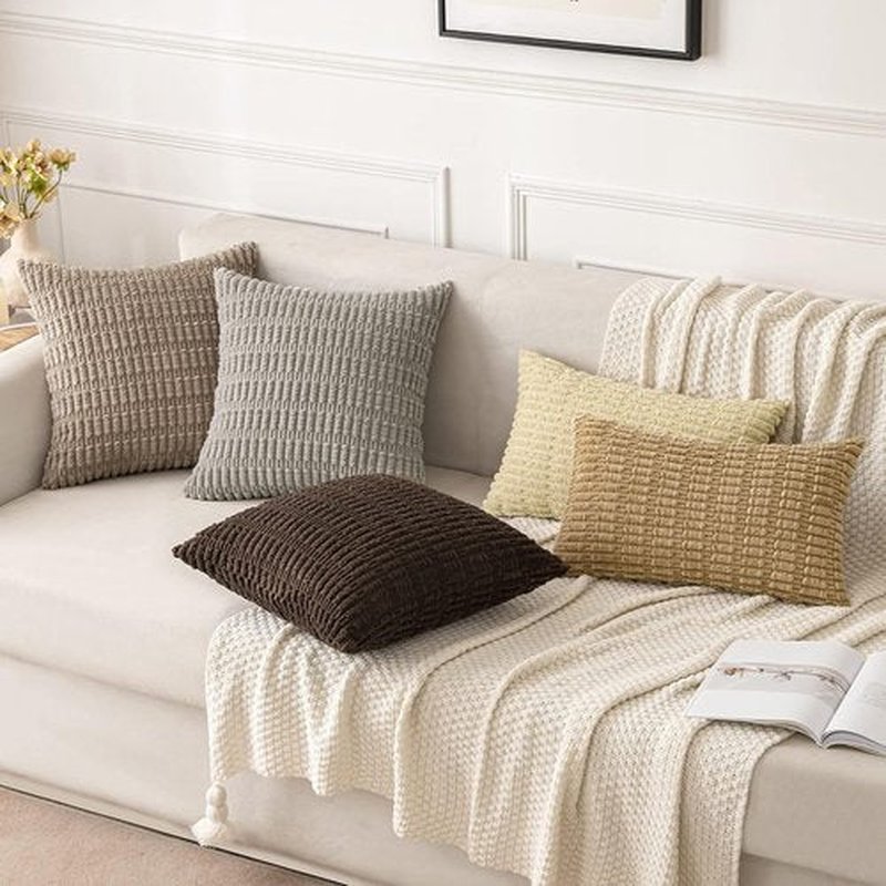 MIULEE Euro Sham Pillow Covers - Soft Corduroy Boho Striped Design | 26x26 Inch Light Brown for Modern Home Decor