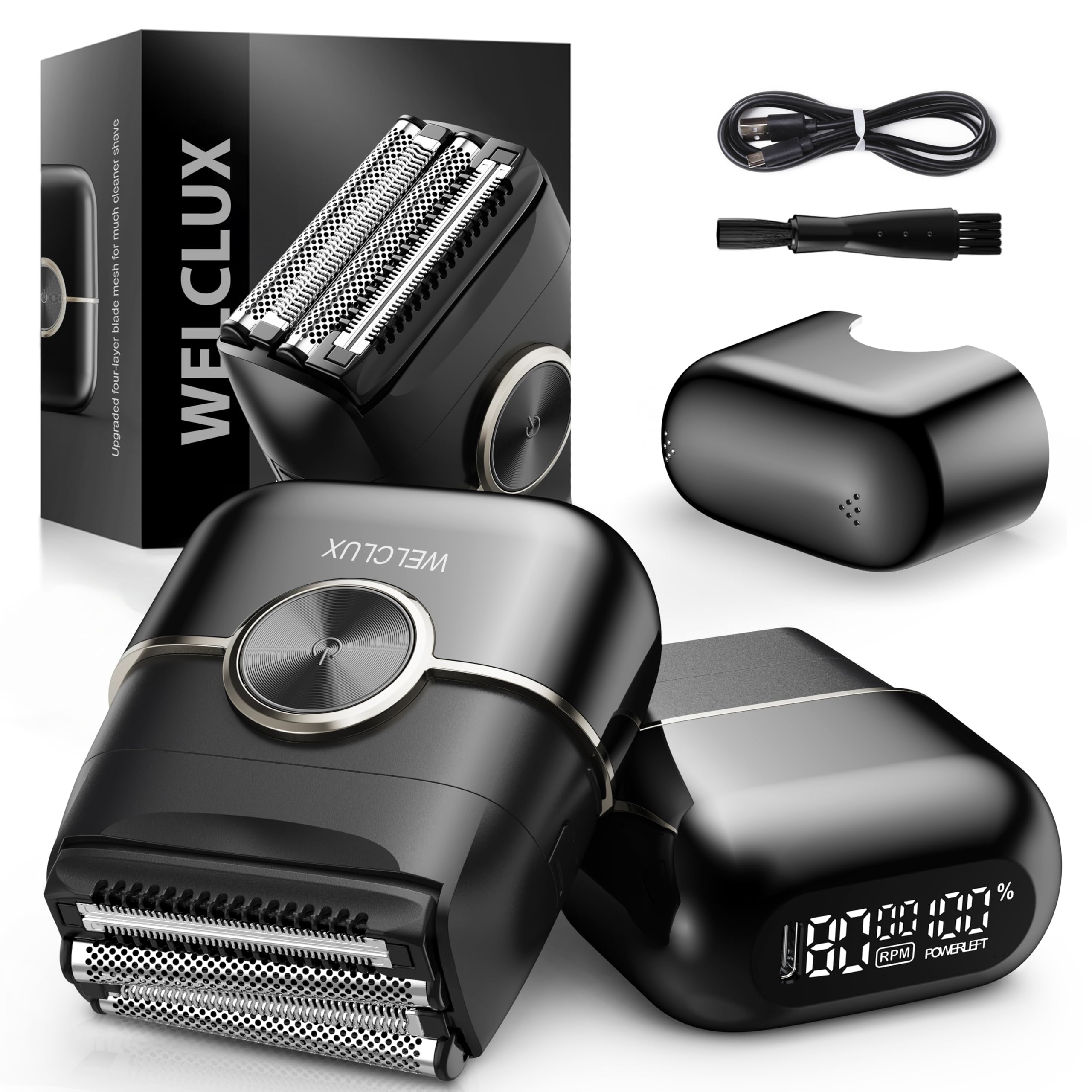 Electric Foil Shaver for Men: Portable Electric Razor for Beard/Face - 4 Floating Blade LED Display USB-C Fast Rechargeable - IPX7 Waterproof for Travel & Home