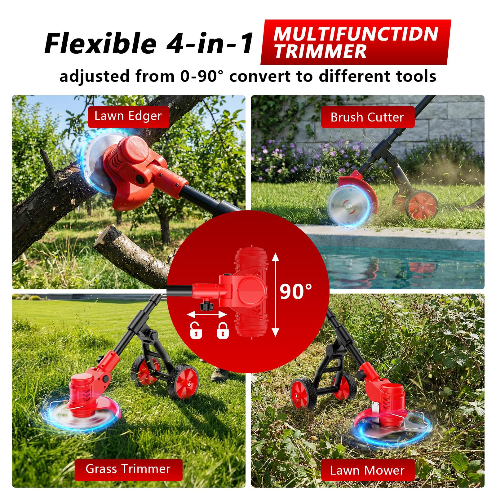 Electric Weed Wacker Cordless with Wheels, 4-in-1 Weed Eater Battery Powered 4000mAh 21V, Brush Cutter/String Trimmer/Grass Trimmer/Lawn Mower with 3 Types Blades, Lightweight Garden Tool, 2 Battery
