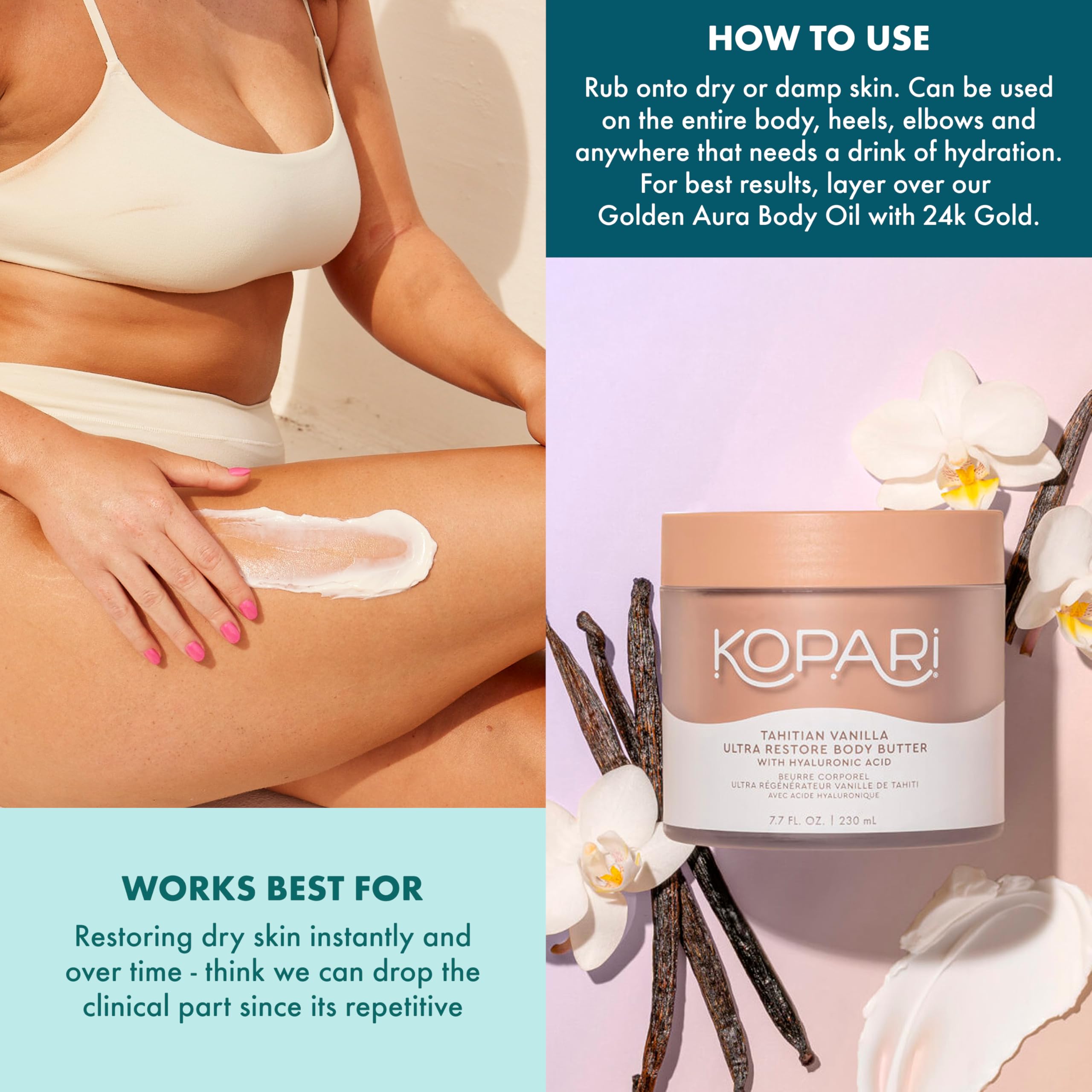 Kopari Ultra Restore Body Butter, Whipped Lightweight Formula, Hyaluronic Acid & Mango Butter, Deep Long-Lasting Moisture, Tahitian Vanilla 7.7 oz