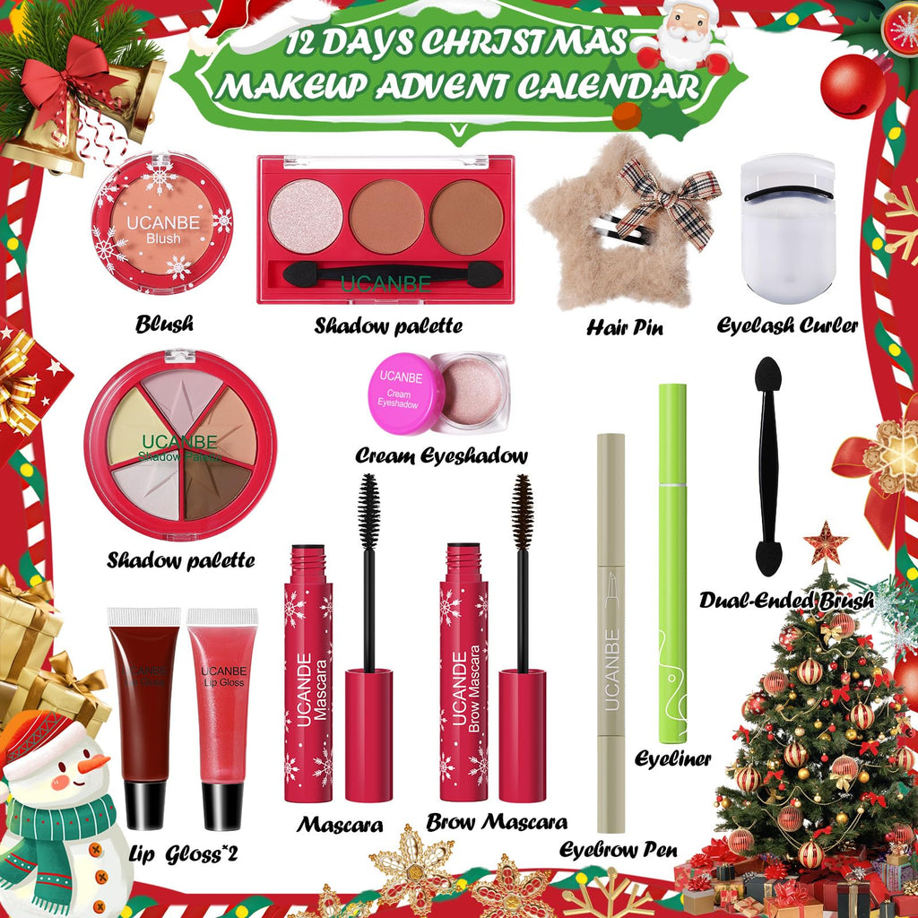 UCANBE Makeup Advent 2025, 12 Days Christmas Countdown Calendar Surprise Gift Kit, Festival Holiday Xmas Cosmetic Starter Makeup Set with 12 Beauty Boxes for Teens Girls Women