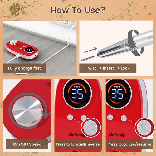 Delanie Rechargeable Nail Drill for Acrylic and Gel Nails 35000 RPM, Efile Nail Drill Professional with 5000mAh Battery, Portable Electric Nails Drill with Coreless Motor for Manicure Pedicure, Red