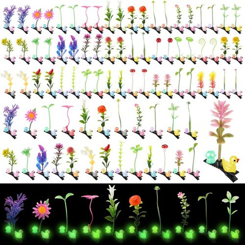 Tigeen 100 Pcs Duck Hair Clip with Bean Sprout Mushroom Glow Rave Trinkets Music Festival Gift Sprout Hairpins Holiday Spring Easter Funny Plant Flower Hair Accessories for Women (Mixed Plant)