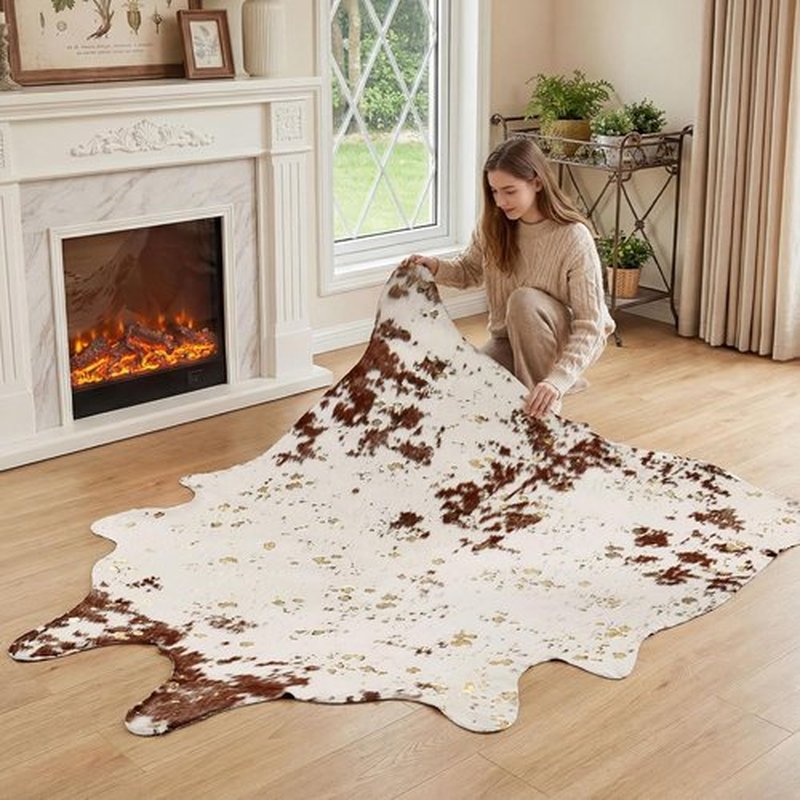 JONIYEAR Faux Cowhide Area Rug - Large Durable 4.9 x 6.56 Feet Brown & Gold Print for Living Room & Bedroom