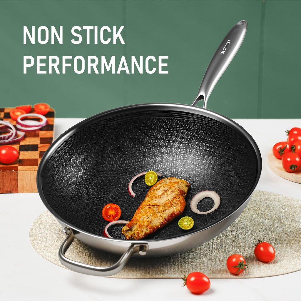 SLOTTET Hybrid 12-Inch Wok with Lid,Nonstick Stainless Steel Woks & Stir-fry pans,Stay-Cool Handle,PFOA Free Cookware,Dishwasher and Oven Safe,Compatible with All Cooktops
