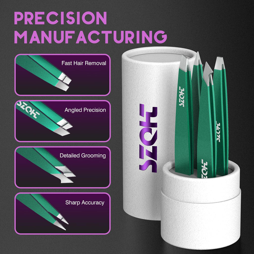 4-Piece Precision Tweezers Set - Stainless Steel Slant, Pointed, Flat & Angled Tips forEyebrow Shaping, Facial & Ingrown Hair Removal - Eco-Friendly Gift Packaging - Women& Men