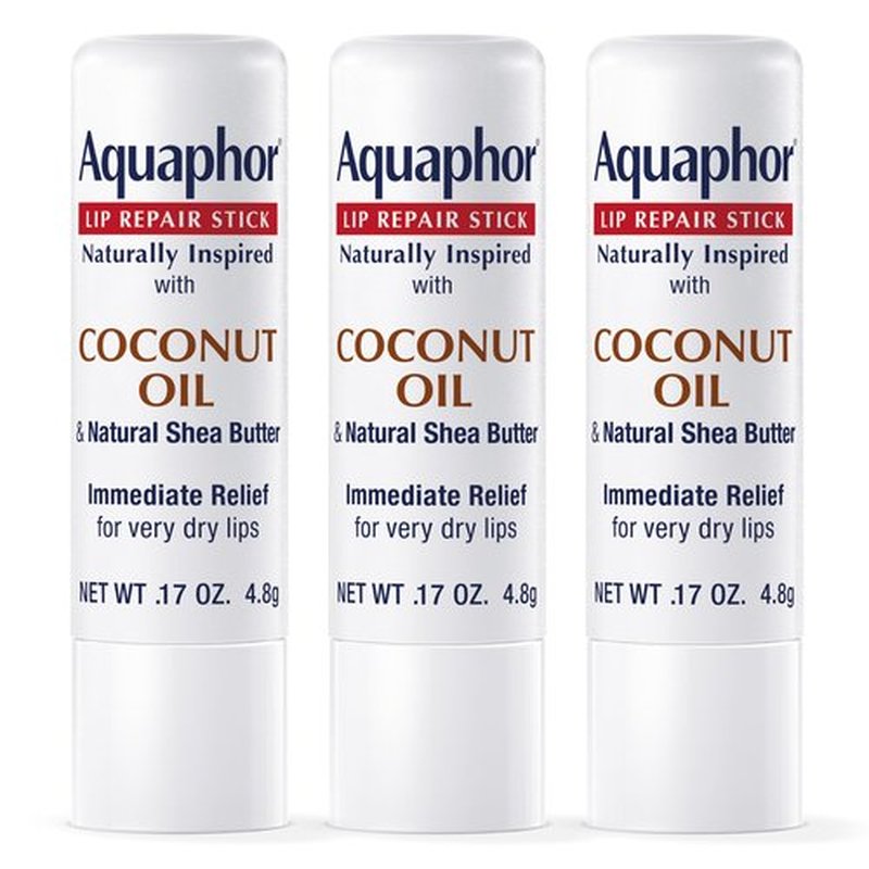 Aquaphor Naturally Inspired Lip Repair Stick with Coconut Oil and Natural Shea Butter, Hydrating Lip Balm Immediately Relieves Dryness and Soothes Chapped Lips, 0.17 Oz Stick, Pack of 3