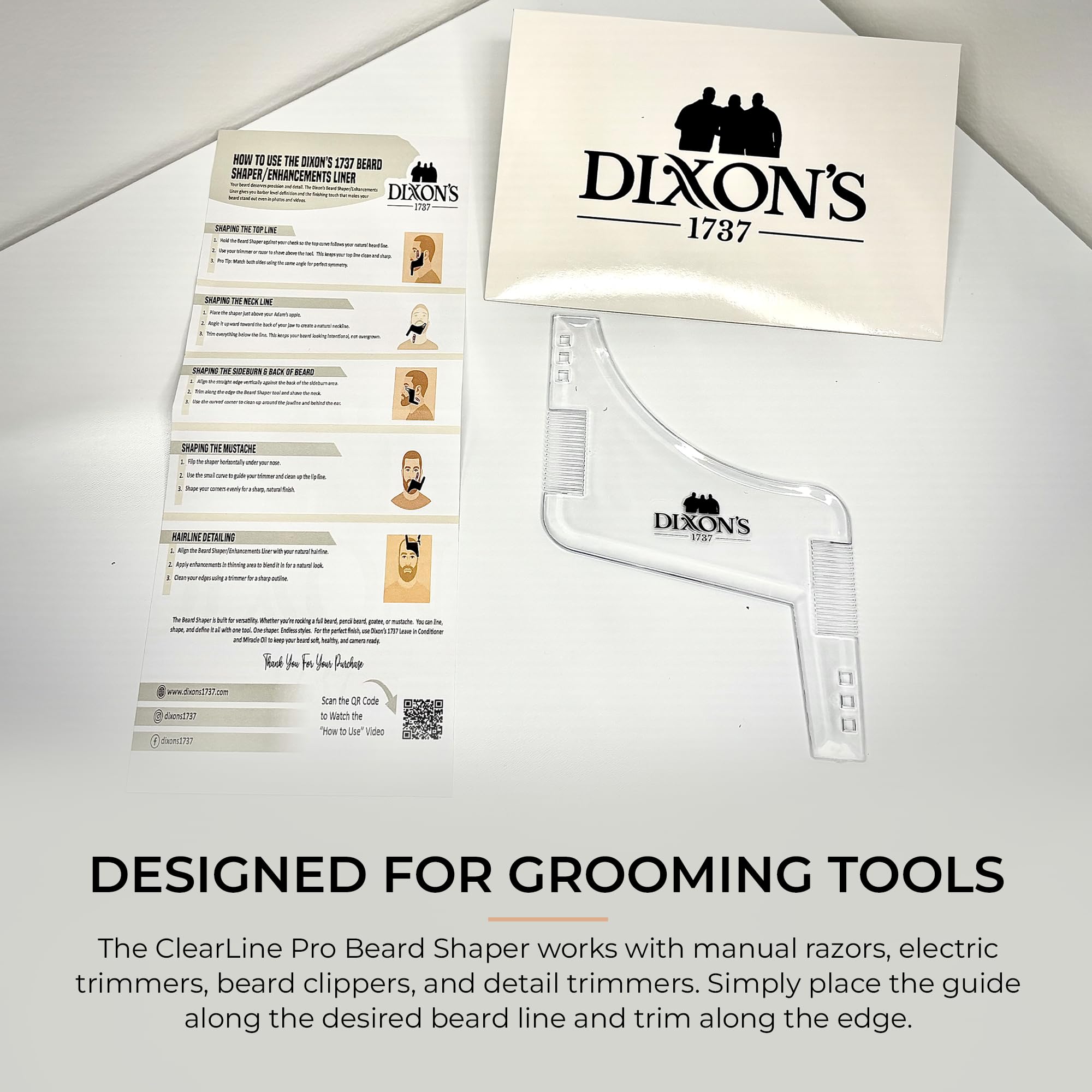 Dixon's 1737 Clear Line Pro Beard Shaper for Men – Transparent Beard Line Up Tool with Comb Edges, Beard Template for Cheek Line, Neckline and Jawline Trimming