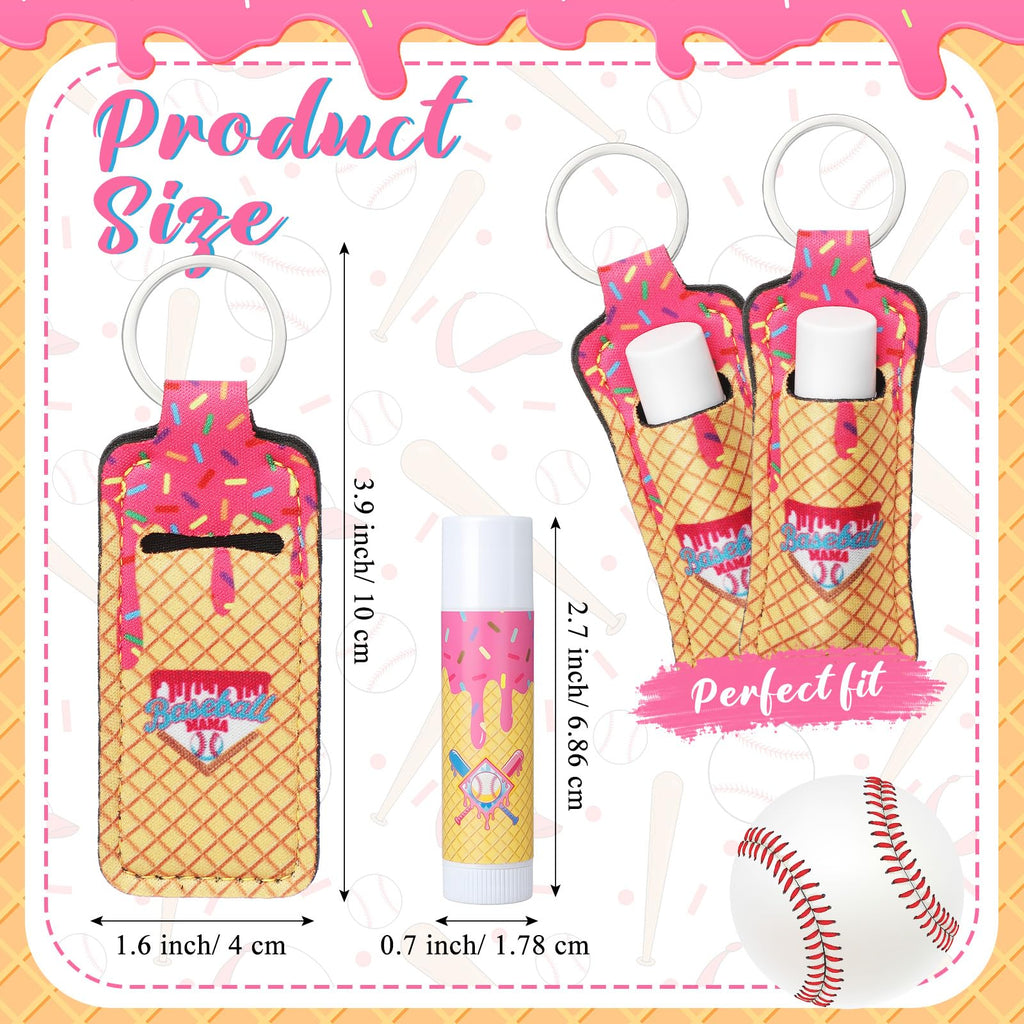 Loopeer 24 Pcs Baseball Party Favors Include Lip Balm and Lipstick Holder Keychain Bulk Moisturizing Pink Ice Cream Baseball Lip Balm Keychains Pouch for Team Gifts Sports Party Supplies