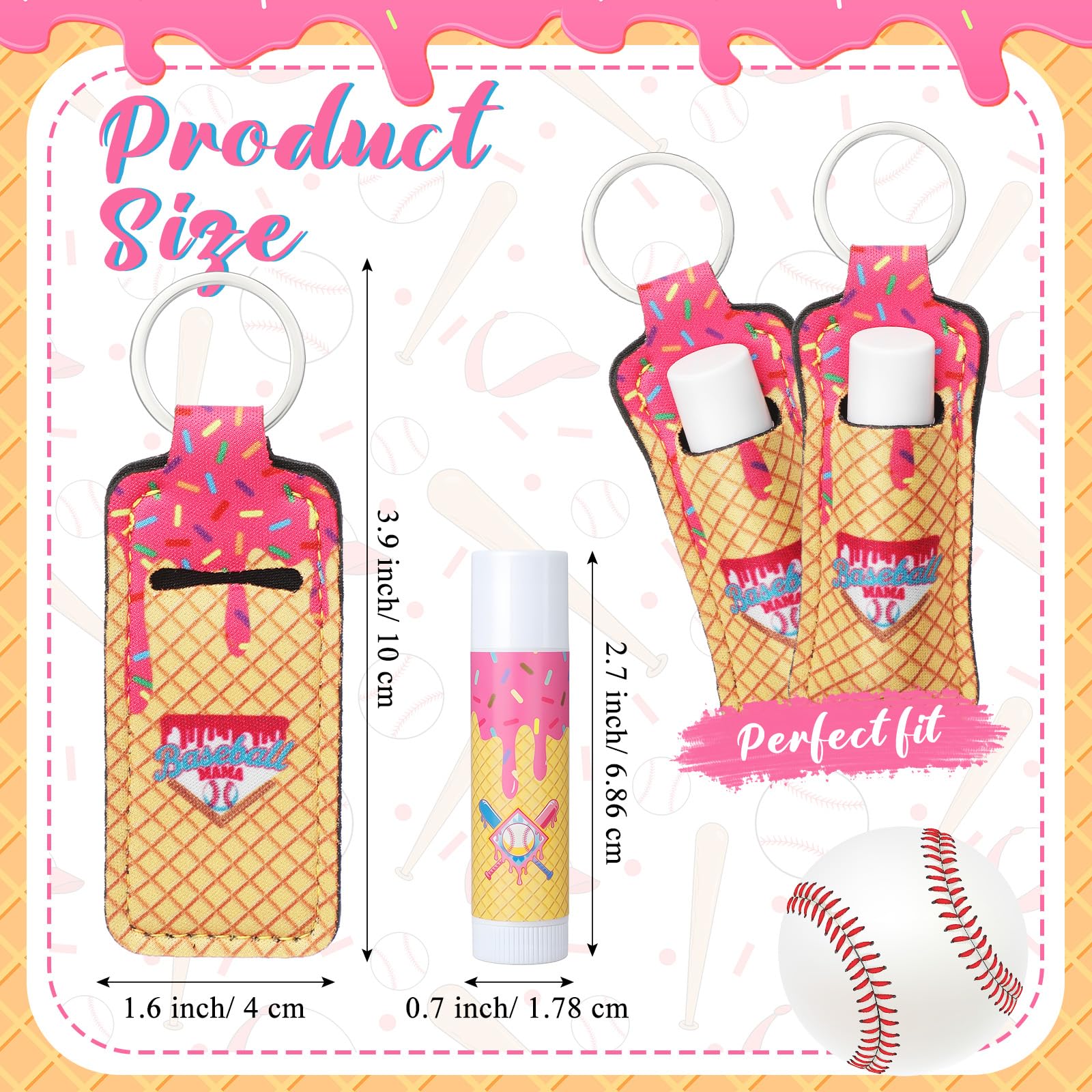 Loopeer 24 Pcs Baseball Party Favors Include Lip Balm and Lipstick Holder Keychain Bulk Moisturizing Pink Ice Cream Baseball Lip Balm Keychains Pouch for Team Gifts Sports Party Supplies