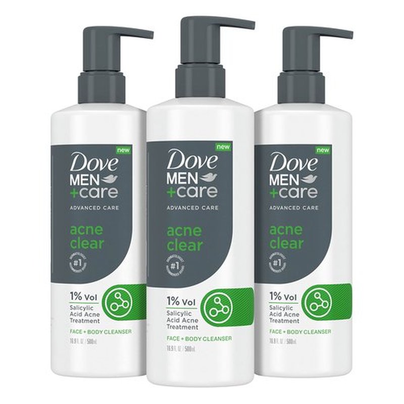 Dove Men+Care Advanced Care Cleanser Acne Clear 3 Count for Acne Prone Skin Face + Body Cleanser with 1% Salicylic Acid 16.9 oz
