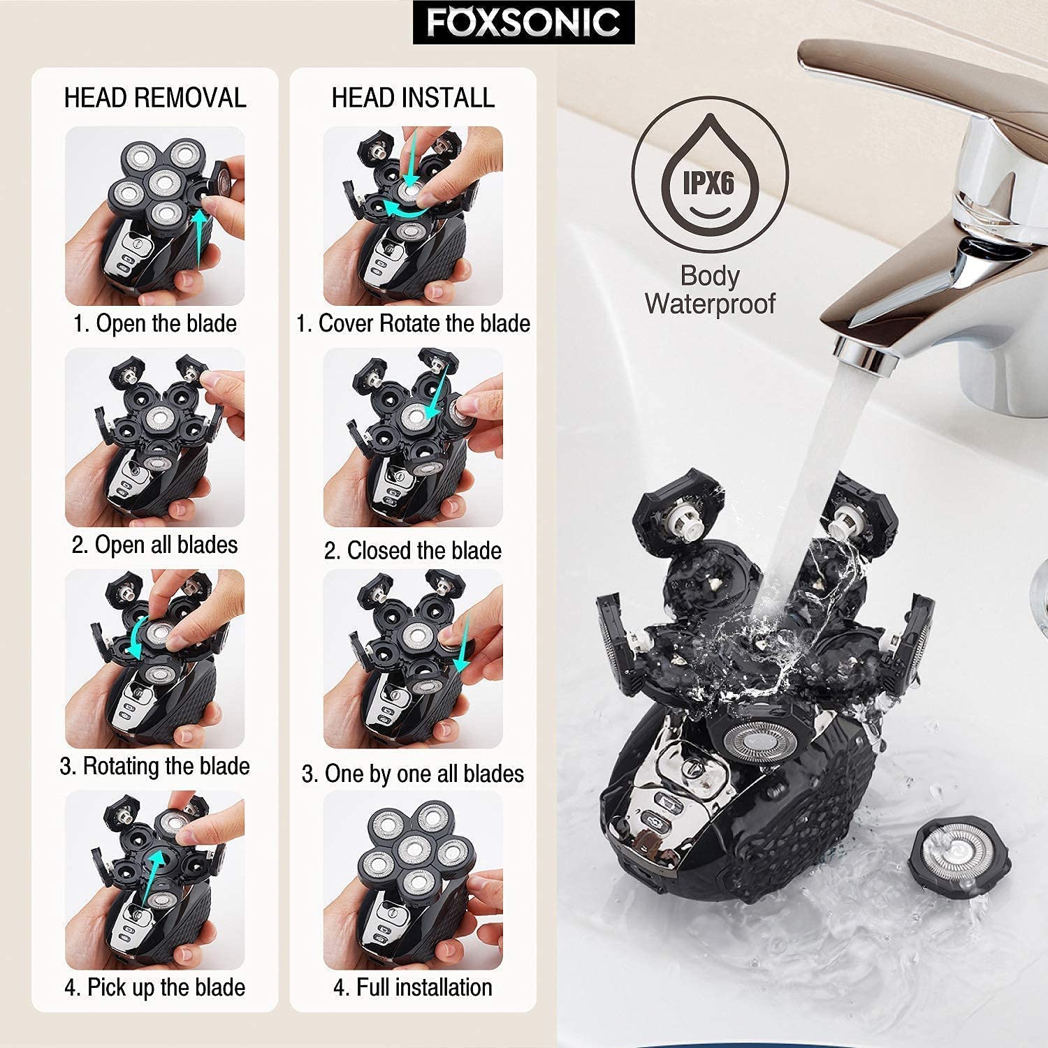 FOXSONIC Universal 6 Blades Replacement Heads for Mainstream shaver brands, 5 Blades Head Shaver Replacement Blades, Head shaver Bald Shaver replacement heads With Blade Cover Shaver Head (6 Black)