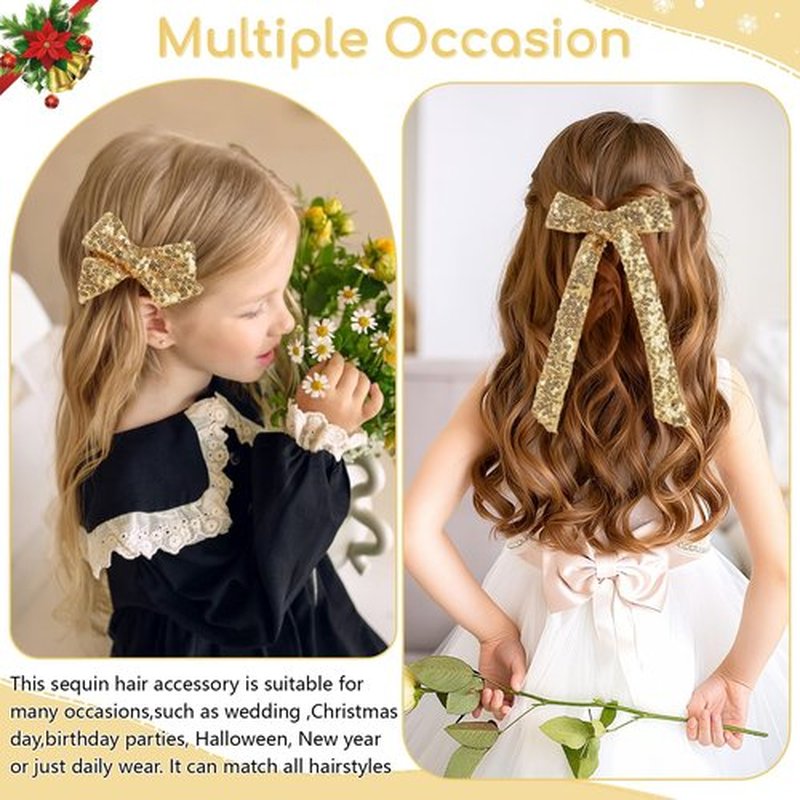 NCMAMA 4 PCS Gold Glitter Hair Bows for Girls Alligator Clips Sparkly Sequin Hair Accessories for Kids Toddler Women on Birthday Wedding Christmas and Party
