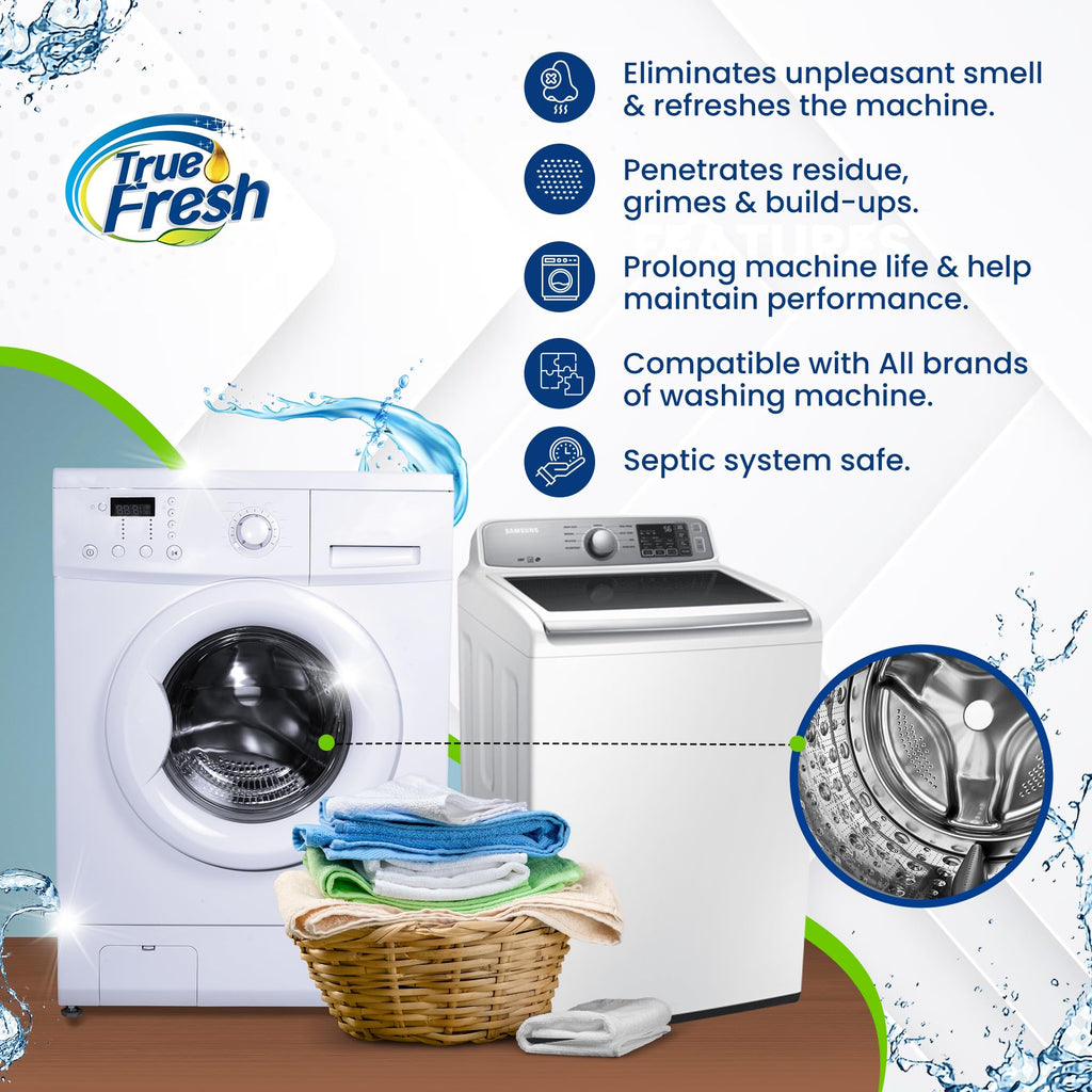 True Fresh Washing Machine Cleaner Descaler 15 Pack Tablets, Deep Cleaning Deodorizer for HE Front & Top Load Washers, Eliminates Odor Buildup Residue Grime, Cleans Drum Pump Valve Hoses Septic Safe