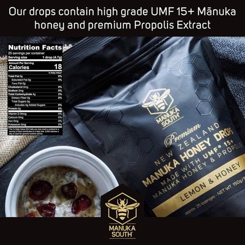 Manuka Honey Drops UMF 15+ | MGO 514+ & Propolis - Natural Soothing Drops with Lemon & Honey Flavor - 25 Count