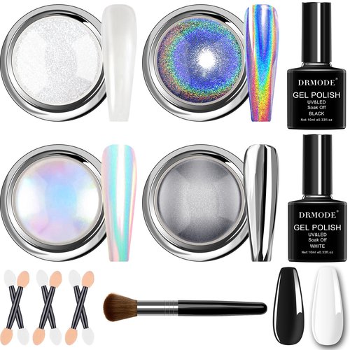 Chrome Nail Powder Gifts for Women - White Pearl Chrome Powder, Aurora Mermaid Iridescent Chromes Powder, Holographic Unicorn Rainbow Sliver Metallic Mirror Effect Nail Glitter Manicure