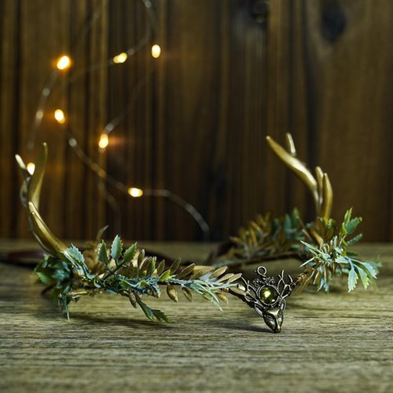 MOSTORY Woodland Gold Antler Crown - Forest Elf Headpiece Fairy Floral Circlet for Women Renaissance Fair Halloween Renfaire Cosplay Photo Shoot