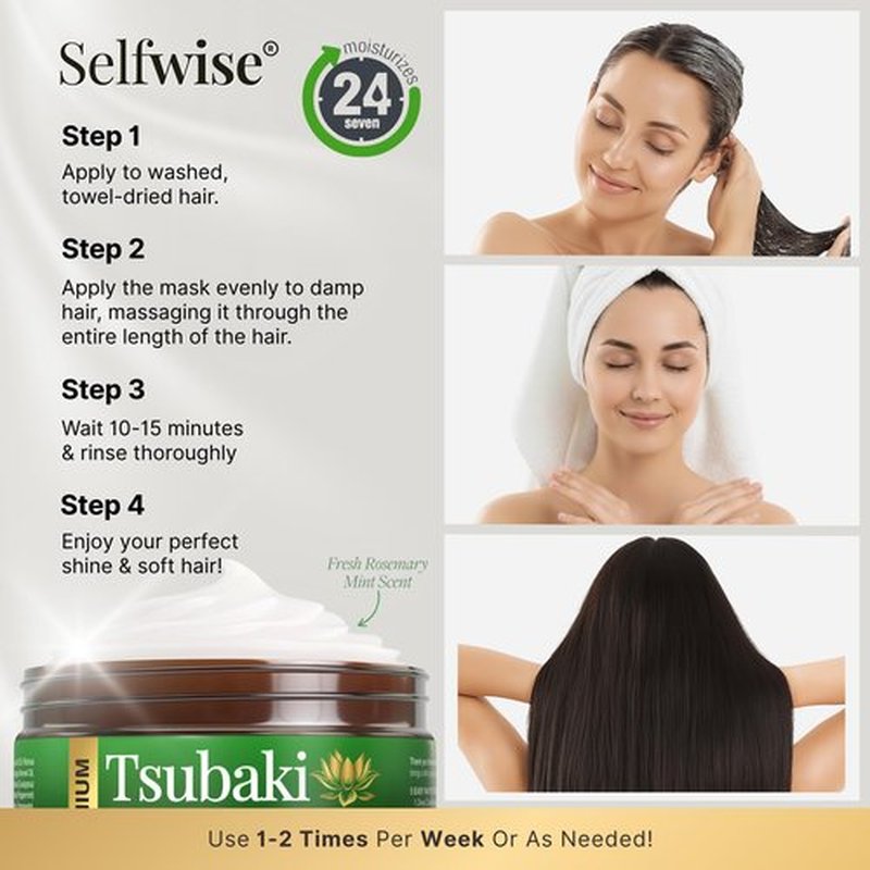 SELFWISE Premium Tsubaki Hair Mask – Luxurious Japanese Camellia, Argan & Rosemary Oil Blend – Deep Repair & Silken Shine for Dry, Damaged, or Color-Treated Hair 4oz