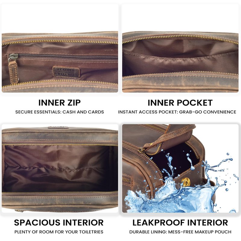 LEATHER VILLAGE Genuine Leather Toiletry Travel Bag With Waterproof Lining - Brown | King-Size Handcrafted Vintage Dopp Kit Bag, Shaving & Bathroom Organizer, Gift for Men & Women