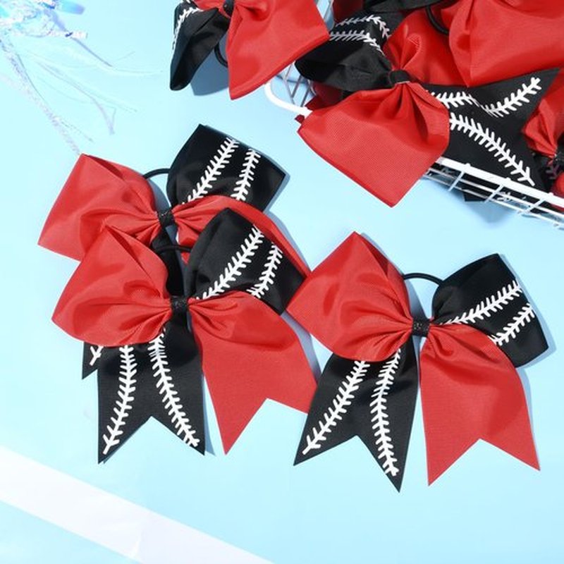 DEEKA 12 PCS Softball Cheer Bows with 2 Glitter Stitching Two Toned Cheerleader Team Bows Elastic Band for Softball Sports Girls (Red/Black+White Stitching)