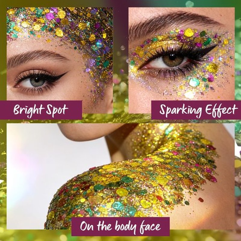 KAICOERLY Mardi Gras Body Glitter Gel, Mardi Gras Outfit Body Glitter for Face Body Hair, Chameleon Color Changing Glitter Gel for Rave Party Mermaid Sequins Festival Accessories Shimmer Makeup #10