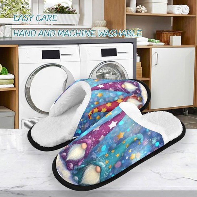 Dussdil Snowflakes Gnomes House Slippers Blue Snow Glitter Home Spa Slippers Memory Foam Closed Toe Slipper Non Slip for Hotel Bedroom Travel Shoes Women Men M