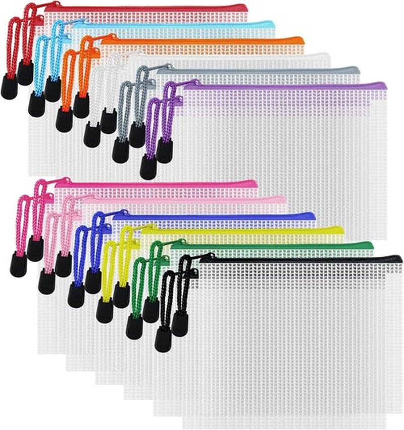 D-KINGCHY 24Pcs Zipper Storage Bags - Waterproof Plastic Mesh Pouches for Office & Travel Organization