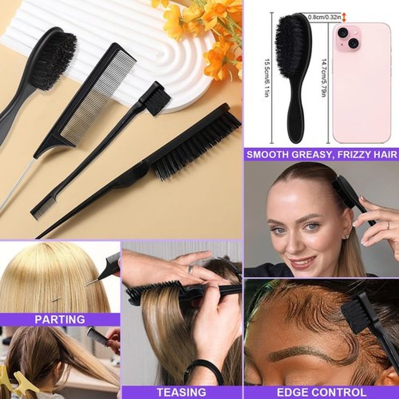 START MAKERS Hair Wax Stick and Slick Back Hair Brush Set for Women Kids Men 5PCS, with Edge Brush, Teasing Brush, Rat Tail Comb & Mini Boar Bristle Brushes for Flyaways, Control, Sleek, Ponytail Buns
