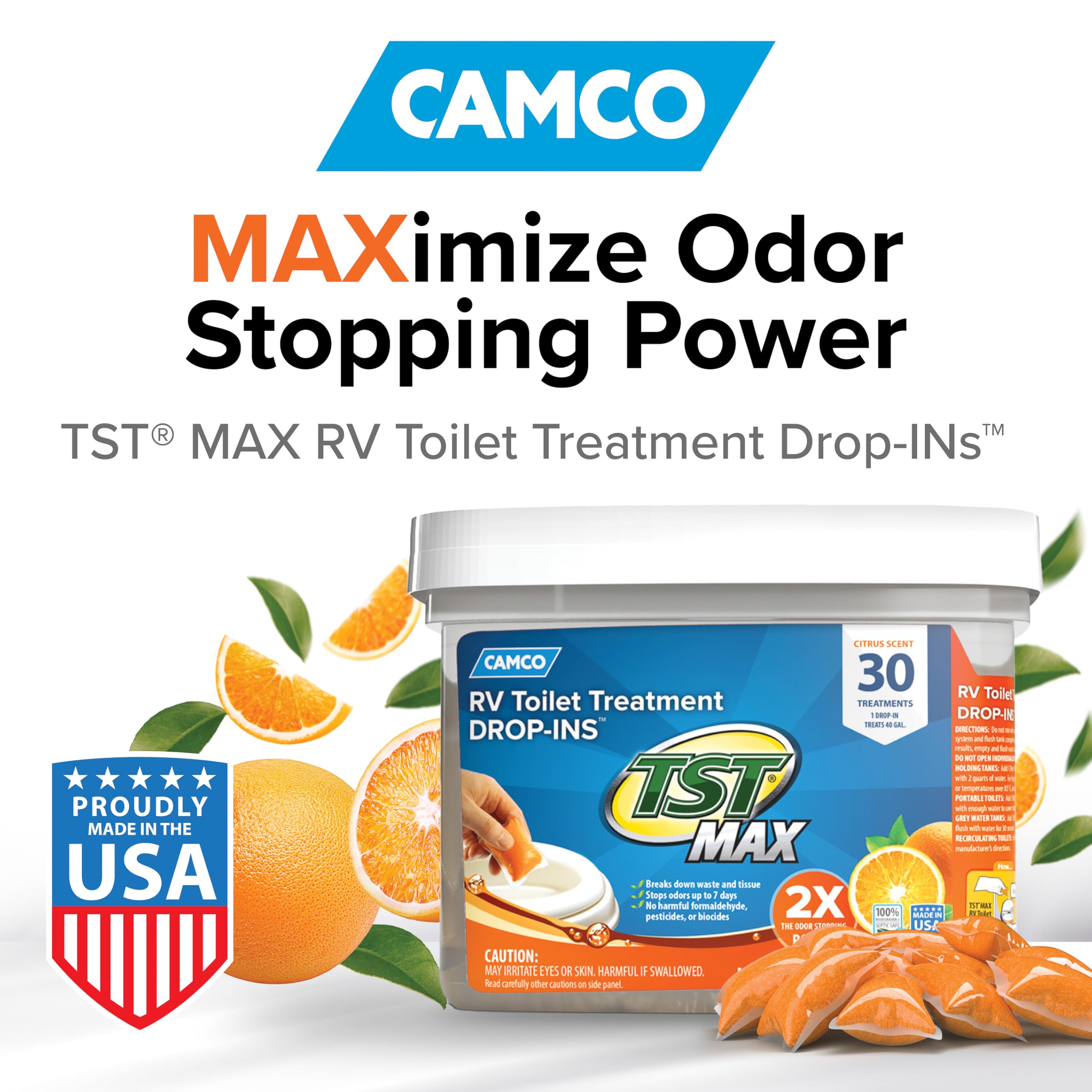 Camco TST MAX RV Toilet Treatment Drop-INs - Orange 30-pk - Made in the USA