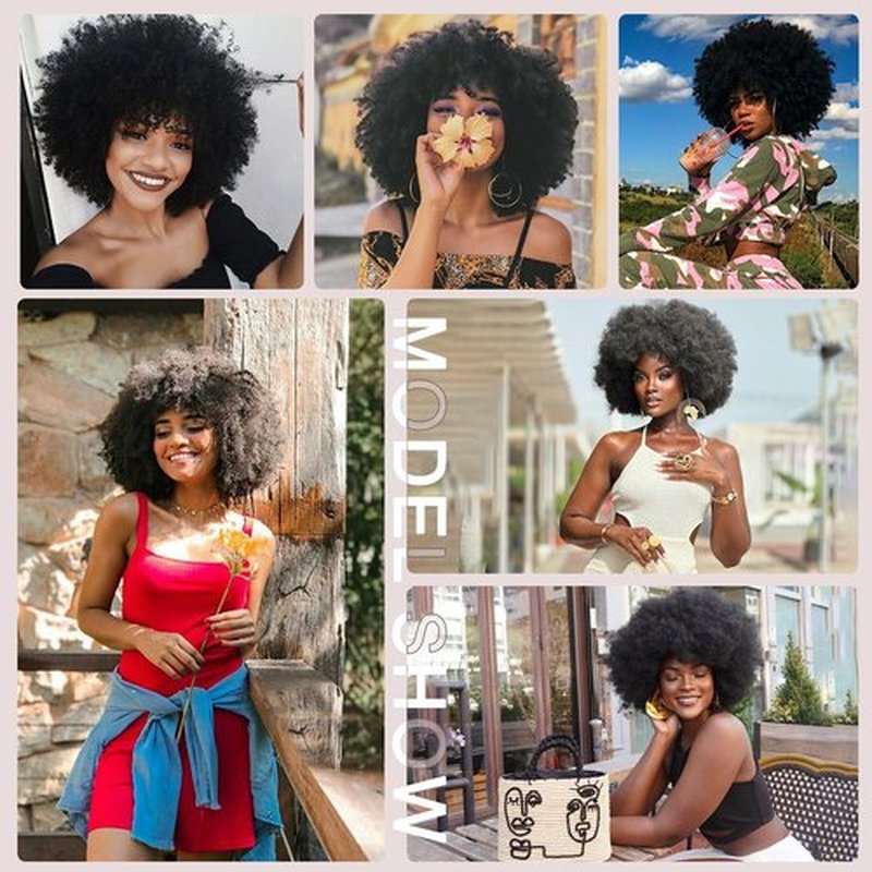 BESSY HAIR Black Afro Wigs for Women, 70s Disco Wig with Bangs Big Bouncy Fluffy Puff and Soft Natural Look Synthetic Black Hair Curly Afro Wigs for Daily Party Cosplay Costume Halloweeen 14 Inch