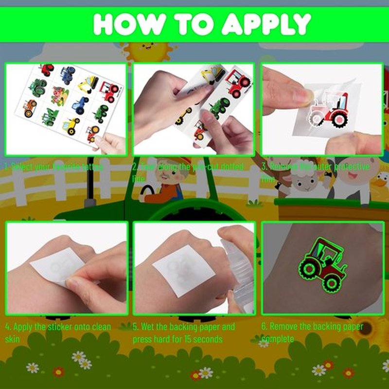 96 PCS Tractor Farm Farmhouse Pre-Cut Luminous Glow in the dark Temporary Tattoos for Kids | Super Cute Theme Birthday Party Favors, Supplies, Decorations, Fake Tattoo Stickers Gifts for Boys Girls