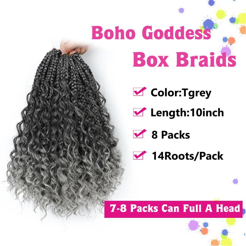 Wodun Goddess Box Braids Crochet Hair 10 Inch, Box-Braids Crochet-Hair For Black Women Pre Looped Bohemian Box Braiding with Curly Ends(10inch,8 Packs, Tgrey)