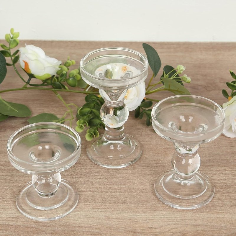 Efavormart Glass Pillar Candle Holders Set - Premium Clear Design with Round Tray | 3.5", 4.5", 5.5" Sizes