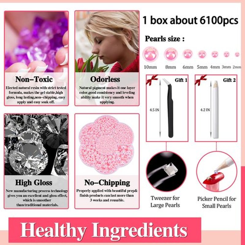 Mdscve 6100Pcs Nail Pearls, Flatback Pearls for Crafting Half Pearl for Makeup Nail Beads for Crafts DIY Pearl Charms Nails Decorations with Tweezer and Picker Pencil (AB Light Pink)