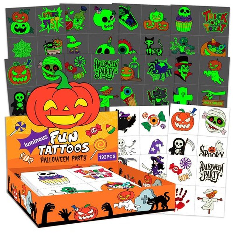 EMOME 192 PCS Halloween Tattoos for Kids, Luminous Temporary Tattoo Stickers for Halloween Party Favors Decorations, Halloween Gifts for Kids Goodie Bag Stuffers