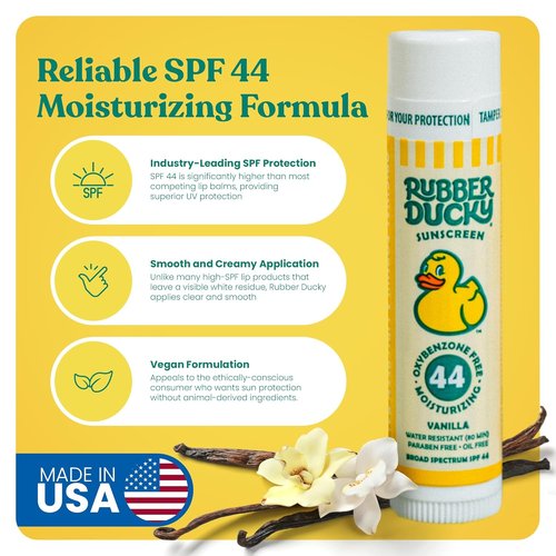 Rubber Ducky Lip Balm - SPF 44 Water Resistant Vegan Formula with Vitamin E | Untinted Vanilla Flavor