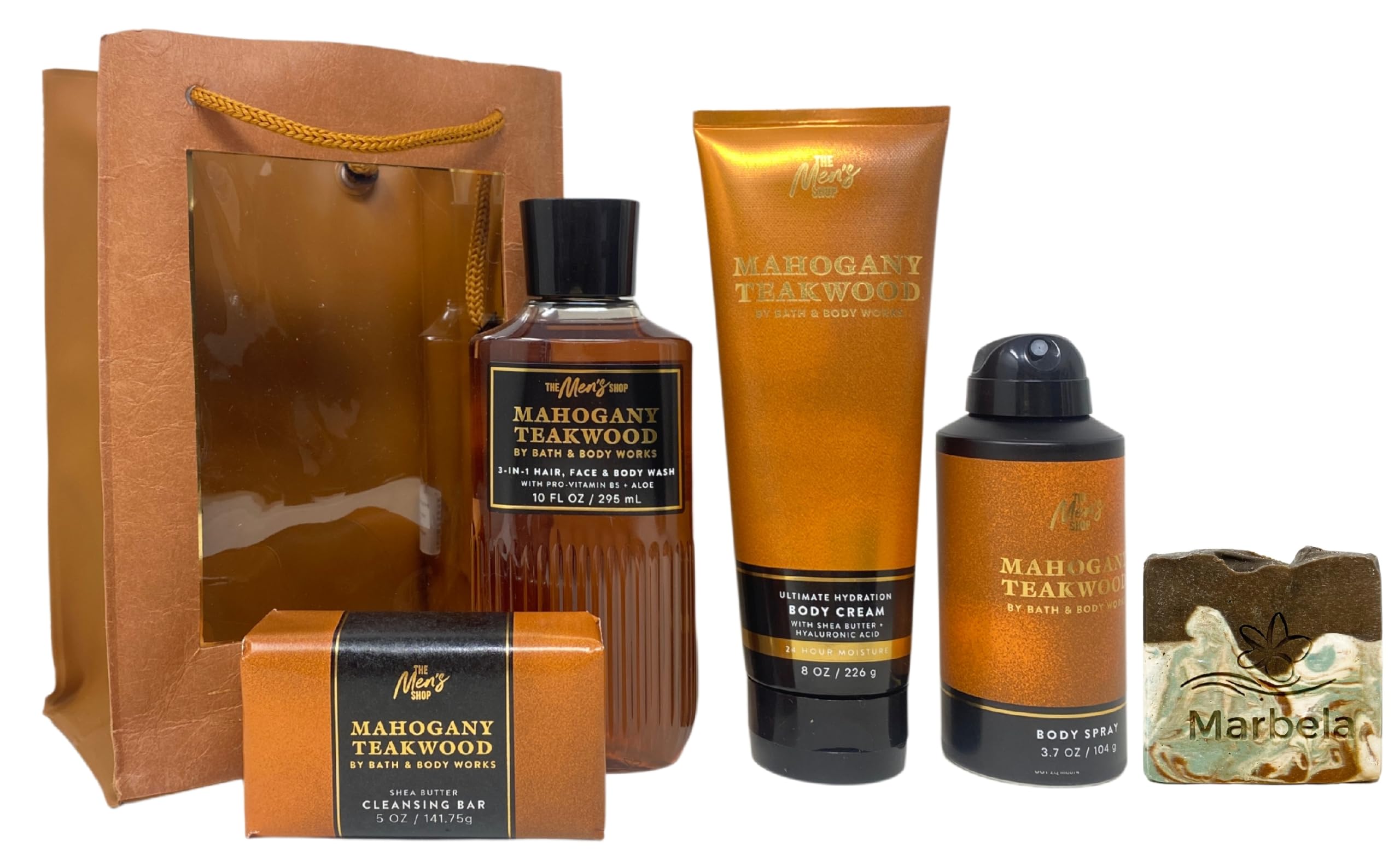 Bath & Body Works Men's Collection Mahogany Teakwood Gift - Body Cream - 3-in-1 Hair, Face & Body Wash - Body Spray and Cleansing Bar - with a Cabin Spice Bar Soap