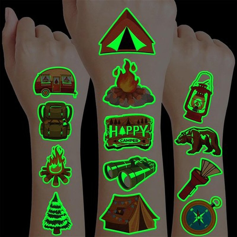 96 PCS Camp Camping Pre-Cut Luminous Glow in the dark Temporary Tattoos for Kids Themed Birthday Party Supplies Favors Decorations 8 Sheets Super Cute Fake Tattoo Stickers Gifts For Boys Girls Rewards